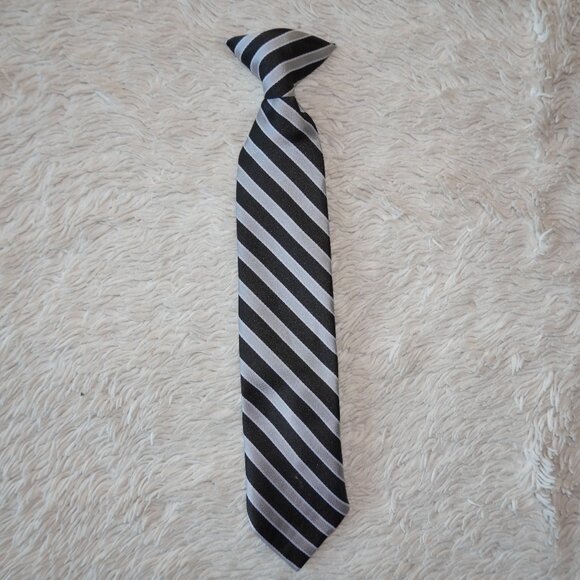 Boys Clip-On Neck Tie, Black and Silver Striped, 11" length, 2.25" width - Picture 1 of 2